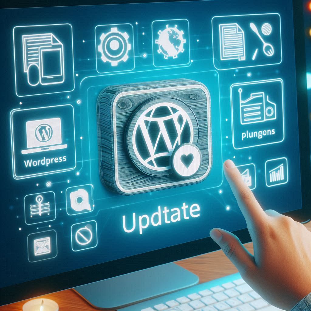 Grafik eines Computerbildschirms mit WordPress-Update-Symbol und verschiedenen Icons für Funktionen.